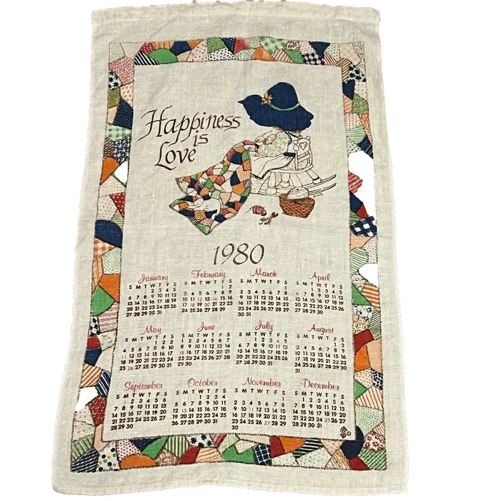 1980 Linen Towel Calendar Sunbonnet Sue Quilter Patchwork Vintage Wall Hanging